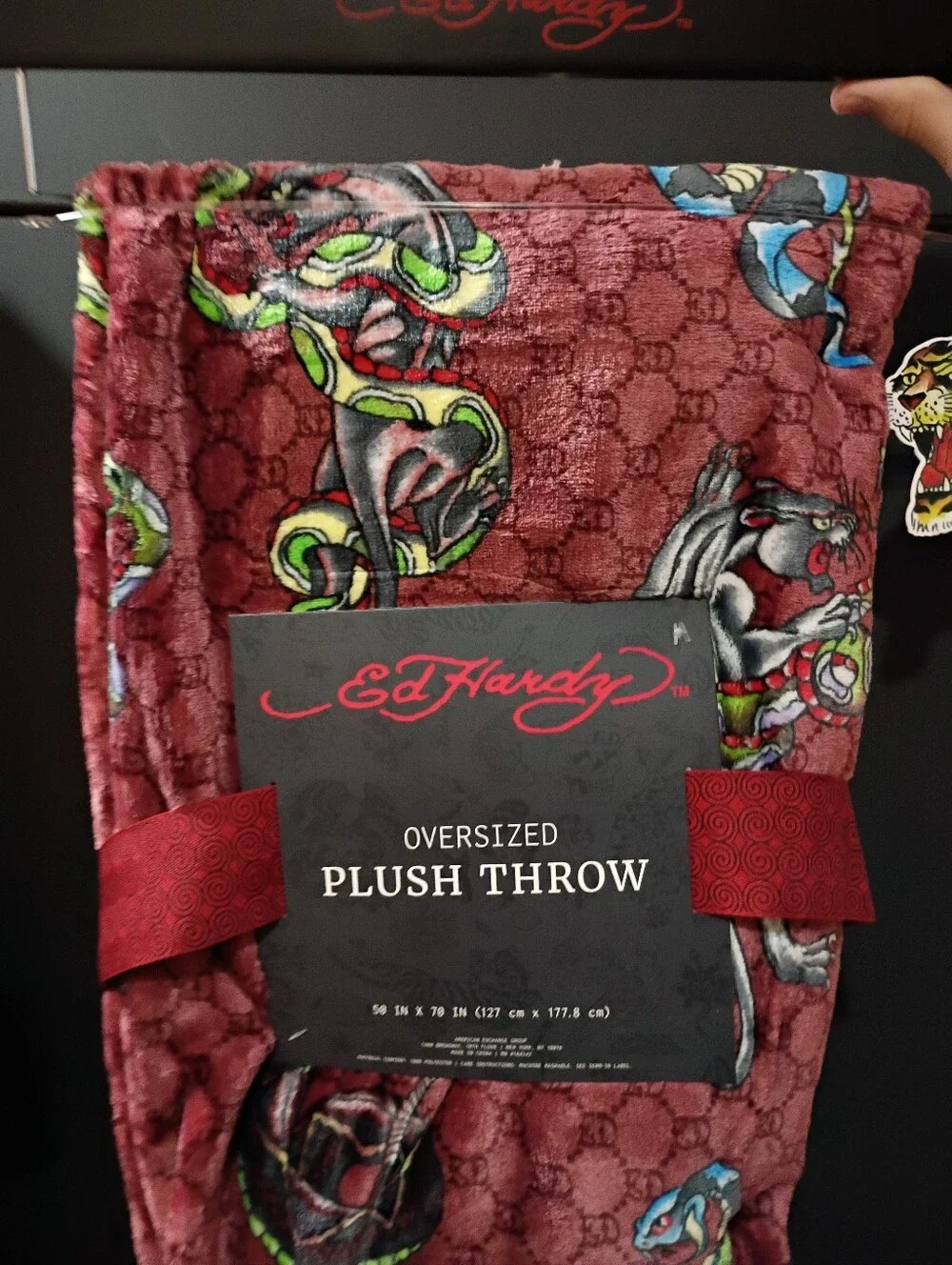 Ed Hardy Burgundy Plush Throw with Multicolor Tattoo Motif